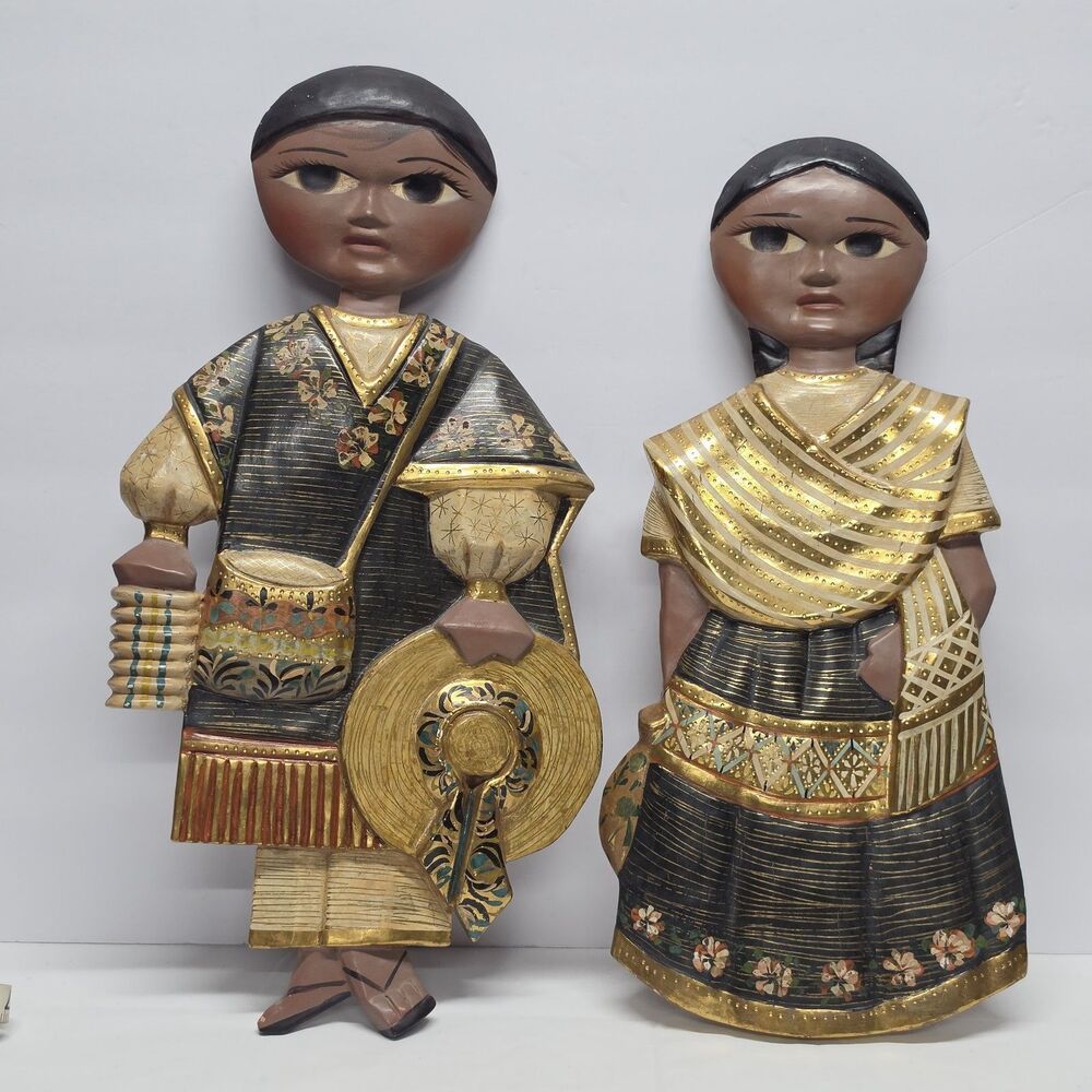 R.R. Pineda Signed Wooden Wall Figurines Man Woman Mexican Folk Art Traditional